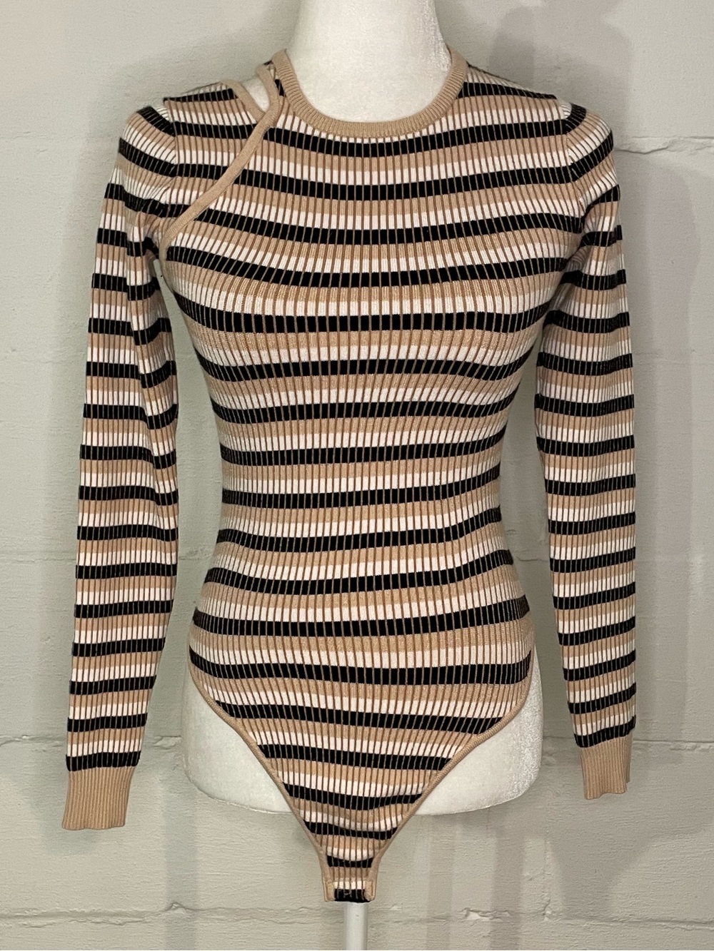 Striped Long-Sleeve Ribbed Bodysuit in Beige, Black & Cream
